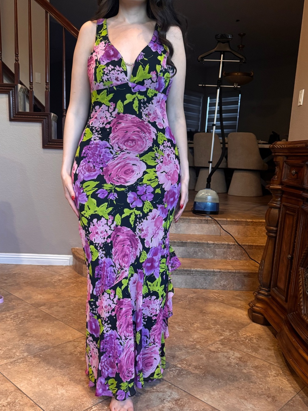 CDC Purple Floral V-Neck Maxi Dress on Black